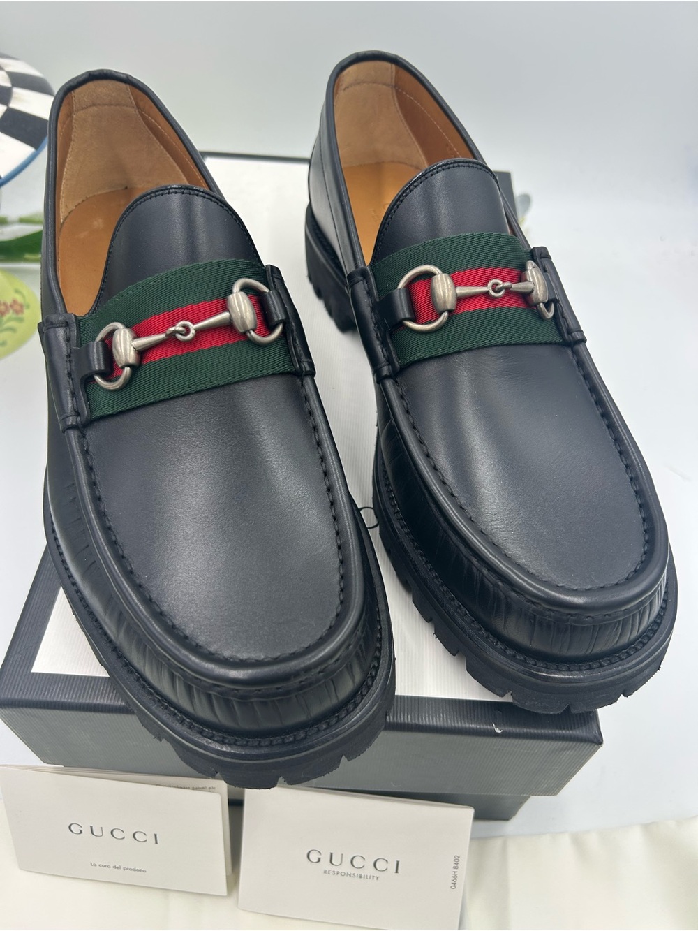 Men's Gucci lug sole web stripe horse bit loafers size 9 fits 9.5 US made Italy - Picture 2 of 11